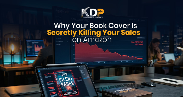 Self-published author looking at poor book cover design mistakes that are hurting sales on Amazon